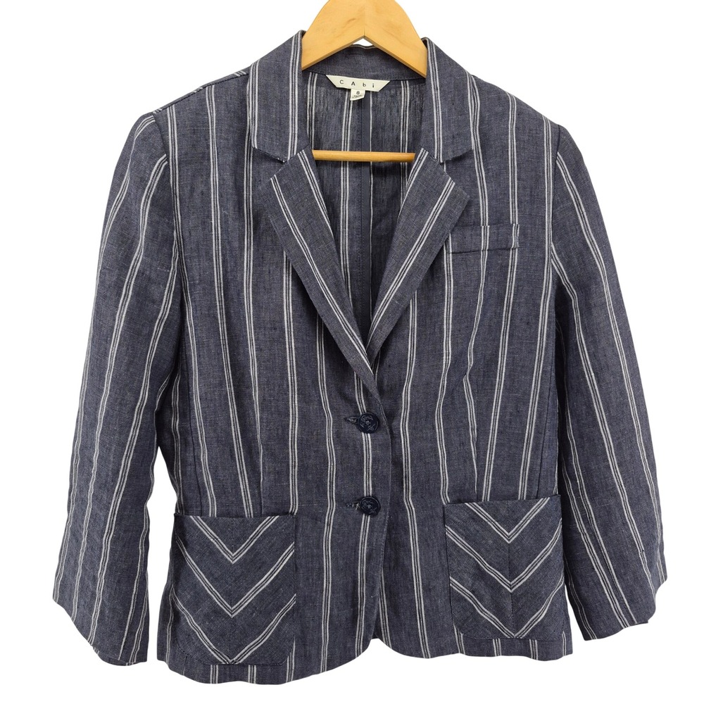 Cabi Navy White Stripe Linen Blend Blazer Jacket Size 8 Career Office Breathable